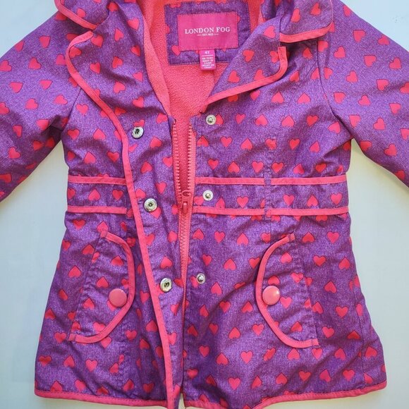 Girls 4T London Fog Hooded Jacket Coat Fleece Lined Pockets Purple & Pink Hearts - Picture 6 of 10